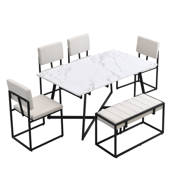 Modern Faux Marble 6-Piece Dining Table Set,60inch Metal Kitchen Table Set With Upholstered Dining Chairs and Bench, Bla