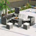 Outdoor 6-Piece All Weather PE Rattan Sofa Set, Garden Patio Wicker Sectional Furniture Set With Adjustable Seat, Storag