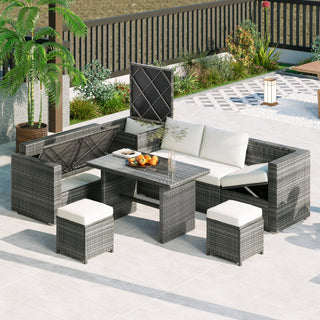 Outdoor 6-Piece All Weather PE Rattan Sofa Set, Garden Patio Wicker Sectional Furniture Set With Adjustable Seat, Storag