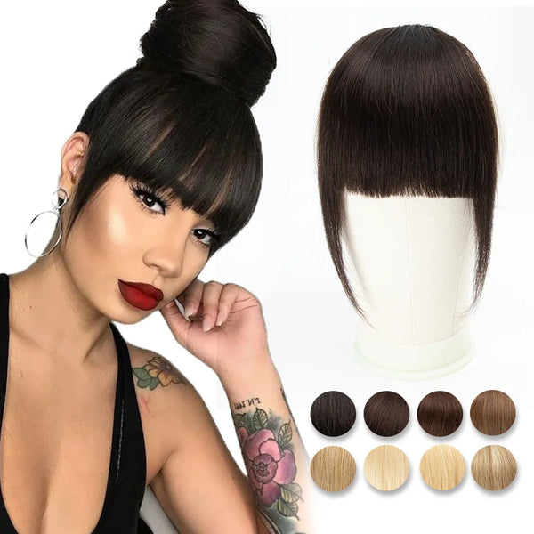 Human Hair Bangs 3 Clips 3D Blunt Cut Natural Hair Bangs OverHead Clip in Hair Extensions Non-Remy 2.5"x4.5" Black Brown Blonde