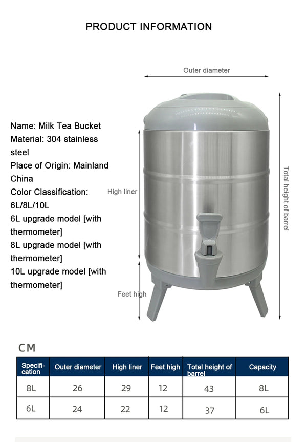 100% Stainless Steel Barrel With Thermometer Milk Tea Barrel Heat Cold Insulation Barrel Commercial Bucket Soy Milk Container