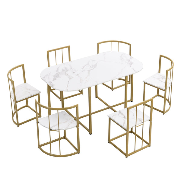 Modern 7-Piece Dining Table Set With Faux Marble Compact 55Inch Kitchen Table Set for 6, Golden+White