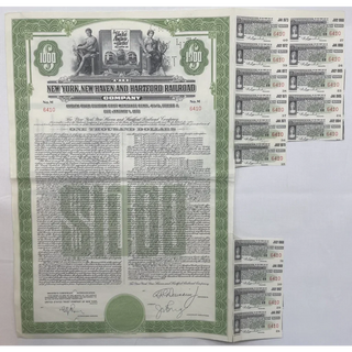 1953 New York New Haven and Hartford Railroad Gold Bond Certificate, W/Coupons