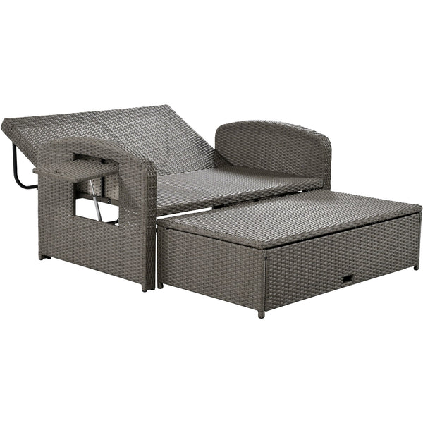 PE Wicker Rattan Double Chaise Lounge, 2-Person Reclining Daybed With Adjustable Back and Cushions, Free Furniture Prote