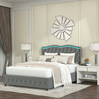 Queen Platform Bed Frame , Velvet Upholstered Bed With Deep Tufted Buttons and Nailhead Trim, Adjustable Colorful LED Li