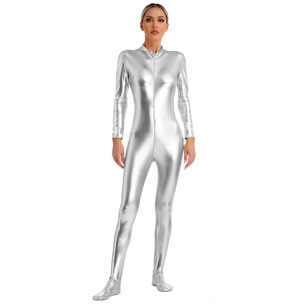 Womens Metallic Shiny Zentai Jumpsuit Mock Neck Long Sleeve Zipper Full Body Unitard Tights for Gymnatics Performance Clubwear