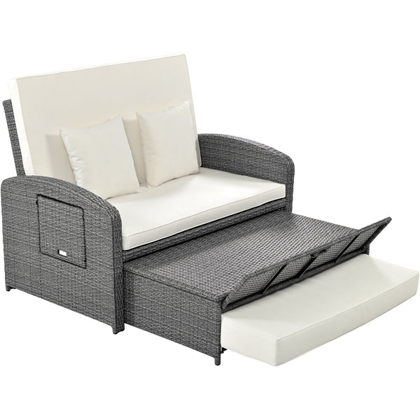 PE Wicker Rattan Double Chaise Lounge, 2-Person Reclining Daybed With Adjustable Back and Cushions, Free Furniture Prote