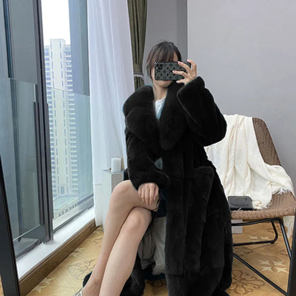 2023 Plus Size 5xl Winter Coat Women Fashion Belt X Long v Neck Thick Warm Faux Fox Fur Winter Coats for Women  B051