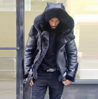 Buy black 2021 Men&#39;s  Winter Men  Shearling Skin Leather Coat Warm Fur RAF Military Leather Coats