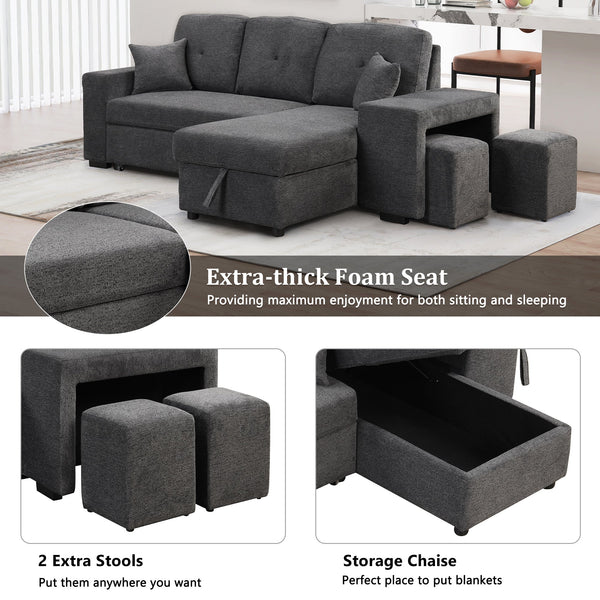 Reversible Sleeper Sectional Sofa Bed With Side Shelf and 2 Stools,Pull-Out L-Shaped Sofa Bed,Corner Sofa-Bed With Stora