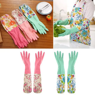 Flower Rubber Velvet Long Gloves Household  Antiskid Washing Cleaning   Dish