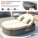 Outdoor Sun Bed Patio 2-Person Daybed With Cushions and Pillows, Rattan Garden Reclining Chaise Lounge With Adjustable B