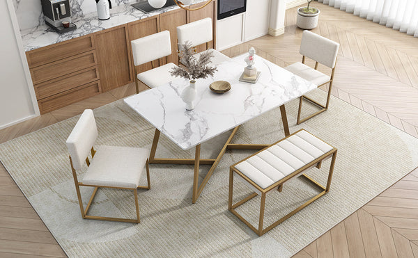 Modern Faux Marble 6-Piece Dining Table Set,60inch Metal Kitchen Table Set With Upholstered Dining Chairs and Bench, Gol