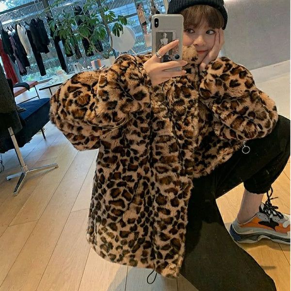 Winter Leopard Print Jacket Women's Stand Collar Warm Parkas Outwear 2024 New Autumn Winter Korean Female Loose Faux Fur Coats