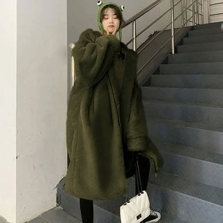 Buy army-green LIUJ QM Hooded Oversized Jacket Winter Fur Coat Women Parka Long Warm Faux Fur Jacket Coats Loose Winter Coat Women -20 Degrees