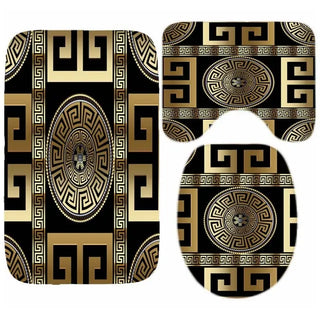 Buy only-3pcs-set11 3D Luxury Black Gold Greek Key Meander Baroque Bathroom Curtains Shower Curtain Set for Bathroom Modern Geometric Bath Rug Decor