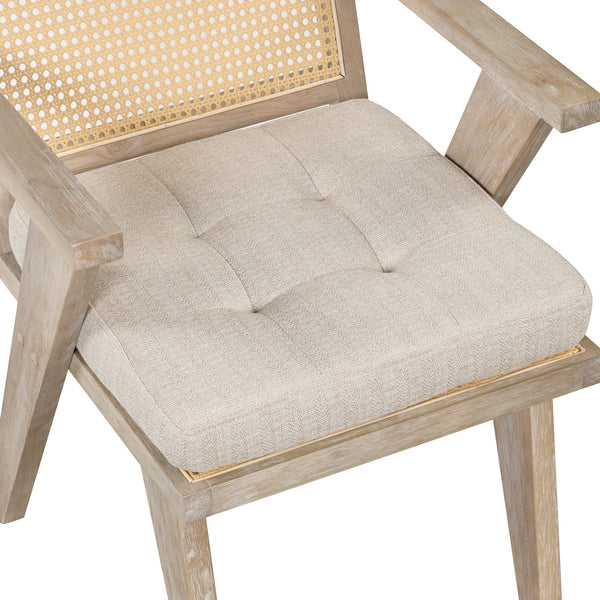 Mid-Century Accent Chair With Handcrafted Rattan Backrest and Padded Seat for Leisure, Bedroom, Kitchen, Living Room, En