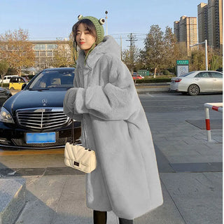 Buy gray LIUJ QM Hooded Oversized Jacket Winter Fur Coat Women Parka Long Warm Faux Fur Jacket Coats Loose Winter Coat Women -20 Degrees