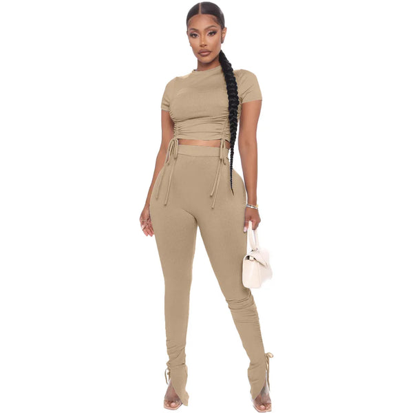 Women Fashion Trendy Crop Top and Pants Solid Two Piece Set