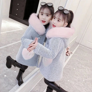 Buy gray-fur-collar 2024 New Fashion Kids Girl Overcoat Autumn Winter Clothes Wool Coat for Teens Jacket Warm Long Outerwear Coats Children Clothing