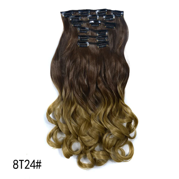 16 Clips Clip in Hair Extension Long Synthetic Hair Heat Resistant Hairpiece Natural Wavy Ombre Hair Piece 6Pcs/Set 20Inch LIHUI