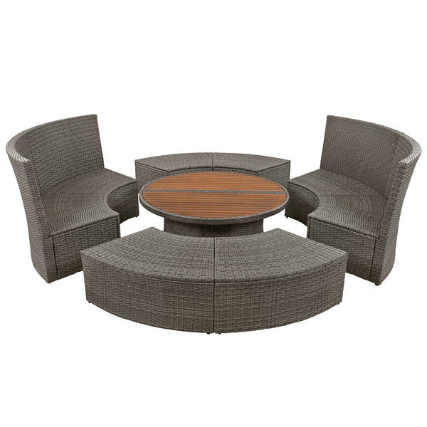 Patio 5-Piece Round Rattan Sectional Sofa Set All-Weather PE Wicker Sunbed Daybed With Round Liftable Table and Washable