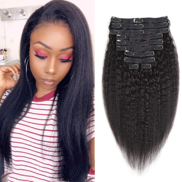 VIPBeauty Afro Kinky Straight Clip in Hair Extensions 120g/Set Clip in Human Hair Extension Yaki Straight Hair Pieces