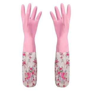 Buy pink Flower Rubber Velvet Long Gloves Household  Antiskid Washing Cleaning   Dish