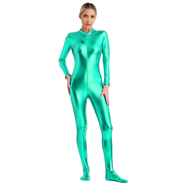 Womens Metallic Shiny Zentai Jumpsuit Mock Neck Long Sleeve Zipper Full Body Unitard Tights for Gymnatics Performance Clubwear