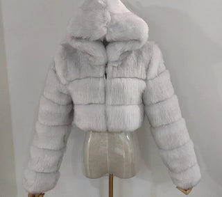 Buy silver-fox Furry Cropped Faux Fur Coats  Jackets Women Fluffy Top Coat Hooded Winter Fur Jacket YINGJIAMEI