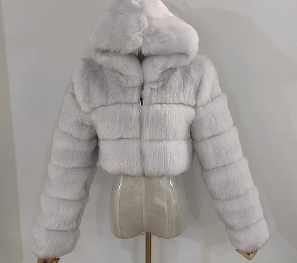 Furry Cropped Faux Fur Coats  Jackets Women Fluffy Top Coat Hooded Winter Fur Jacket YINGJIAMEI