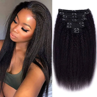 Kinky Straight Clips in Human Hair Extensions Natural Color in Brazilian 100% Remy Human Hair 120G 8Pcs/Set Full Head for Women