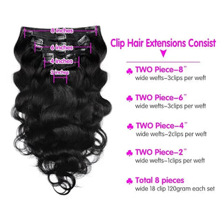 Body Wave 100% Brazilian Clip in Hair Extensions Human Hair 8Pcs Remy Hair Extensions Clip Ins for Women With 18Clips 120g