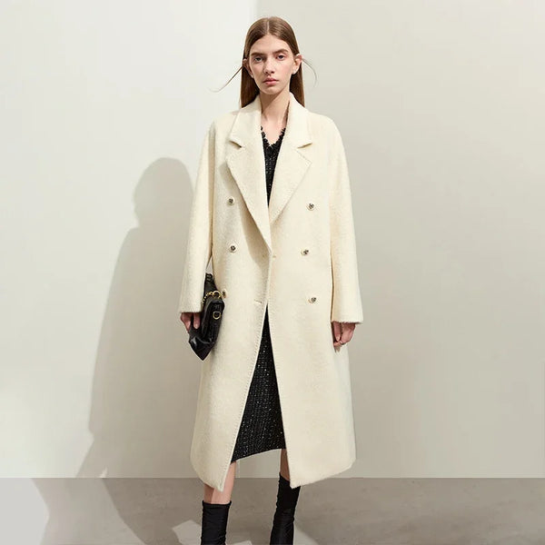 AMII Minimalist Woolen Coat for Women 2023 Winter Lapel Collar Alpaca Belt Classic Double-Breasted Korean Version Coats 12324089