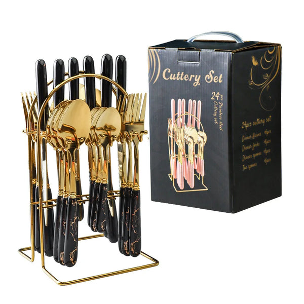 24 Pcs Stainless Steel Cutlery Hammer Pattern Ceramic Handle Knife Fork Spoon Set Cutlery Set Travel Cutlery Set Flatware Set