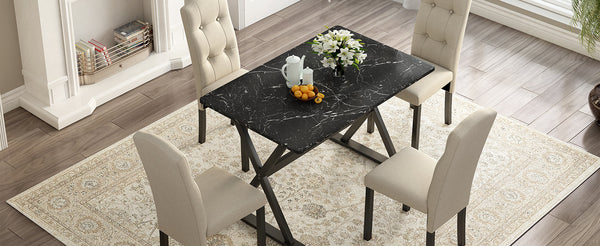 Solid Wood 5-Piece Dining Table Set With Faux Marble Tabletop and Upholstered Dining Chairs for 4, Faux Marble Black+Bei