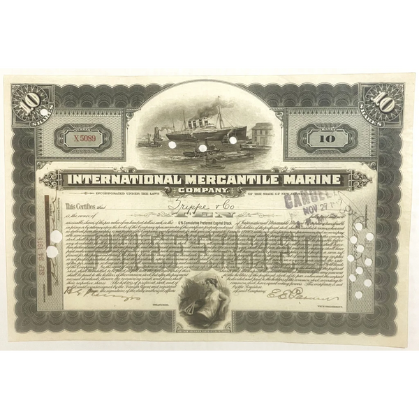 Antique 1910s - 1920s Titanic International Mercantile Marine Stock Certificate - Gray