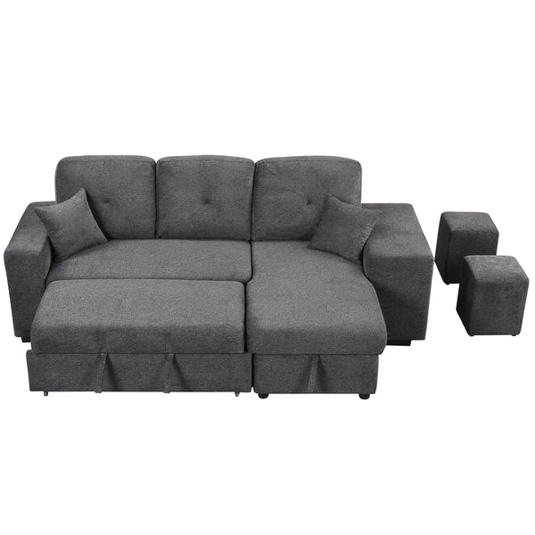 Reversible Sleeper Sectional Sofa Bed With Side Shelf and 2 Stools,Pull-Out L-Shaped Sofa Bed,Corner Sofa-Bed With Stora