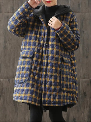 Johnature Women Hooded Plaid Parkas Vintage Button Coats Loose 2024 Autumn Winter New Pockets Female Casual Warm Parkas Coats