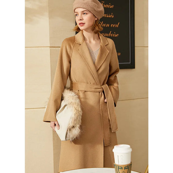 Amii Minimalism Fashion Winter Coat Women Causal Water Ripple Double-Sided Woolen Coat  Solid Lapel Belt Coat Female 12030523