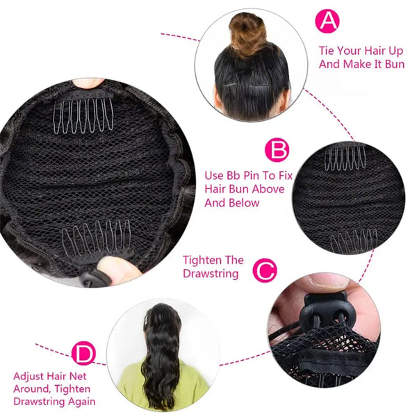 Body Wave Ponytail Human Hair Drawstring Ponytail Remy 100% Human Hair Extensions Chip-In Hair Ponytail Extensions Natural Black