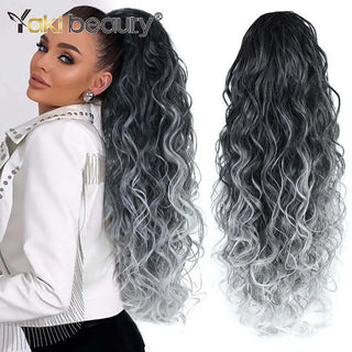 Buy hera-1b-gray Long Kinky Curly Ponytail Synthetic Drawstring Ponytail 24/30/32Inch Chip-In Hair Extension Organic Clip-In Overhead Ponytail