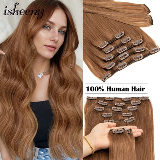 Isheeny 14"-24" Clip in Human Hair Extensions Brazilian Remy Natural Clip Human Hair Extension Real Natural Clip on 80g-140g