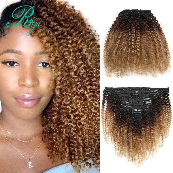 T1B427 Ombre Color Clip in Human Hair for Black Women Extensions 3C 4A Afro Kinky Curly Clip Ins 8 Pieces and 120g/Set Remy Hair