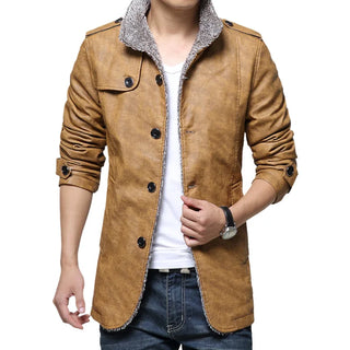 Buy dark-yellow 2023 Winter Warm Faux Leather Jacket Men Solid Long Sleeve PU Leather Coat Stand Collar Thick Slim Fit Men Jacket Trench Coats