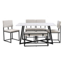 Modern Faux Marble 6-Piece Dining Table Set,60inch Metal Kitchen Table Set With Upholstered Dining Chairs and Bench, Bla