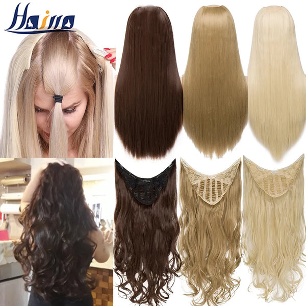 HAIRRO Clip in Hair Extension U Part Natural Hair Straight Long Blonde Black False Hair Piece Synthetic Hairpiece Heat Resistant