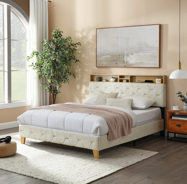 Queen Size Bed Frame, Shelf Upholstered Headboard, Platform Bed With Outlet & USB Ports, Wood Legs, No Box Spring Needed