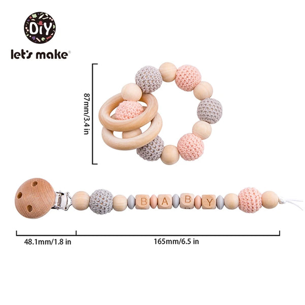 Let's Make Baby Rattles Set Crochet Animal Elk Amigurumi Elephant Baby Teether Wooden Pacifier ChainBPA Free Nursing Rattle Toys