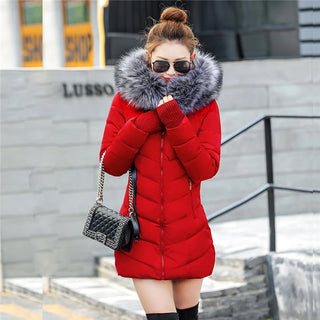 Buy red 2021 Artificial Raccoon Fur Collar Winter Jacket Women Winter and Autumn Wear High Quality Parkas Outwear Women Long Coats